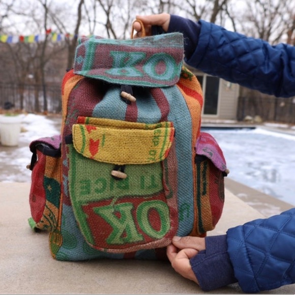 Eco Friendly Recycled Jute Rice Bag Bohemian Backpack Multi-Functional Storage - Picture 5 of 8